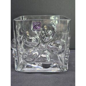 BX Glass Petalic Cube Vase Candle Holder Embossed Flower Design 5" Square